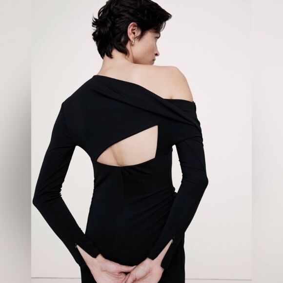 NWT Banana Republic Jersey Maxi Black Dress Asymmetrical Knit Draped Size XXS - Picture 5 of 5